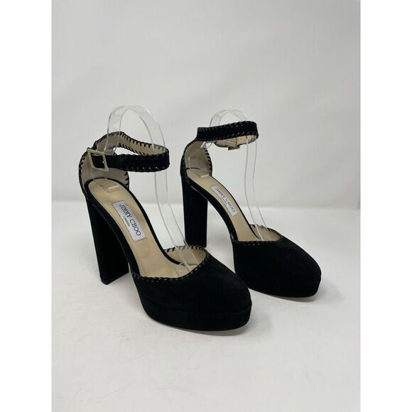 JIMMY CHOO Daphne Platform Heels Women 40 Ankle Strap Black Suede Leather - Picture 8 of 14